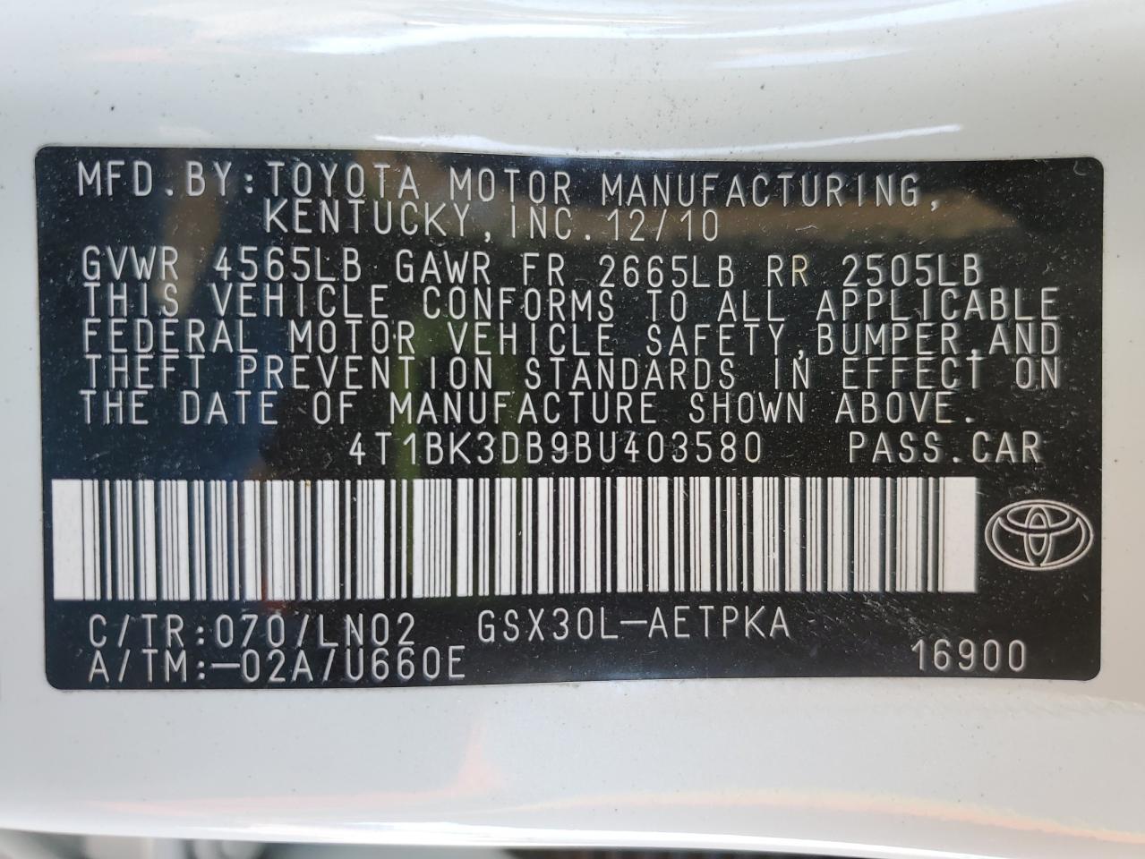 2011 Toyota Avalon Base VIN: 4T1BK3DB9BU403580 Lot: 87297165