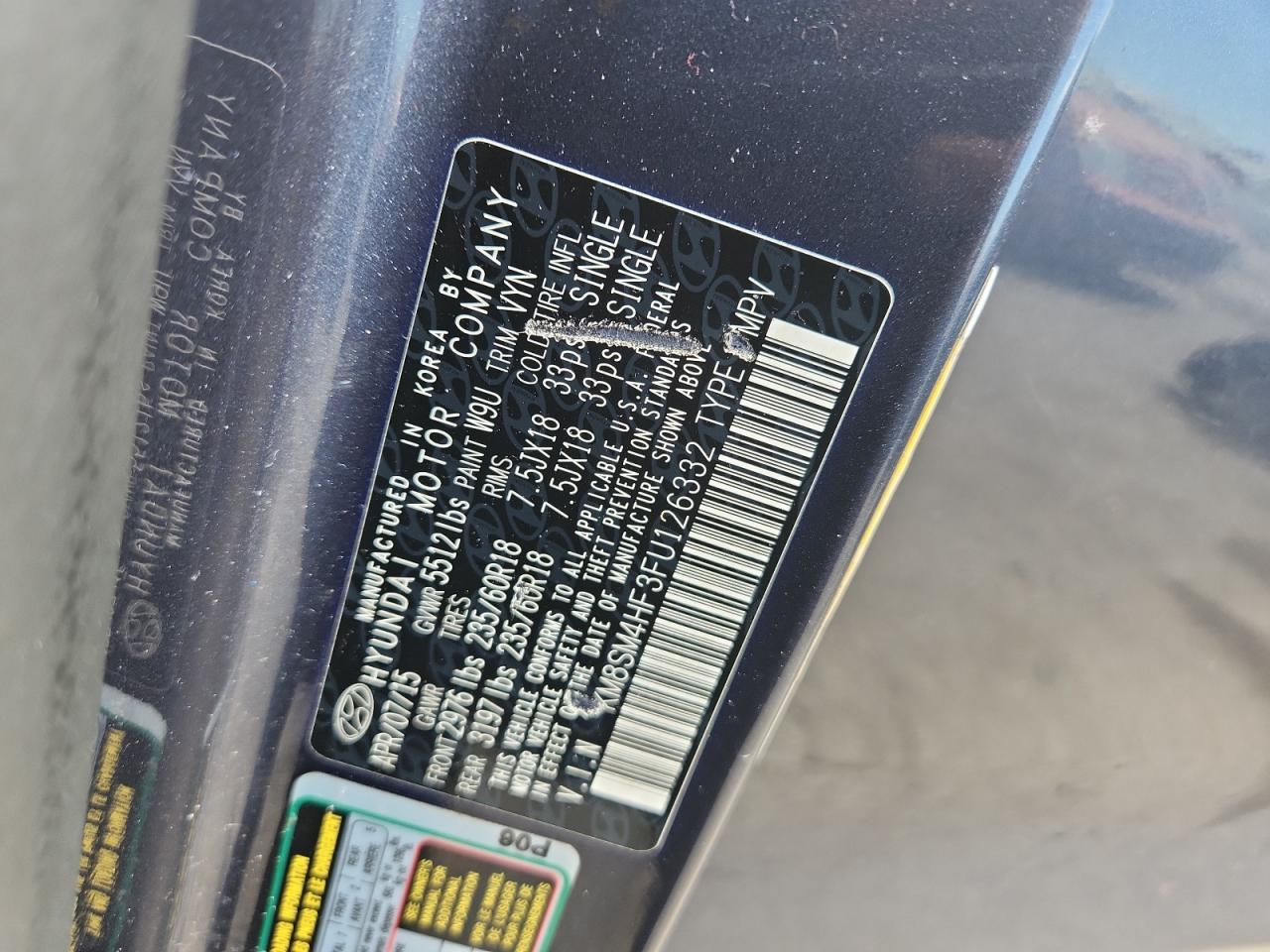 2015 Hyundai Santa Fe Gls VIN: KM8SM4HF3FU126332 Lot: 82004485