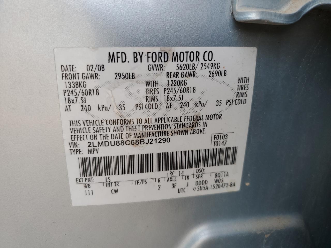 2008 Lincoln Mkx VIN: 2LMDU88C68BJ21290 Lot: 85842245