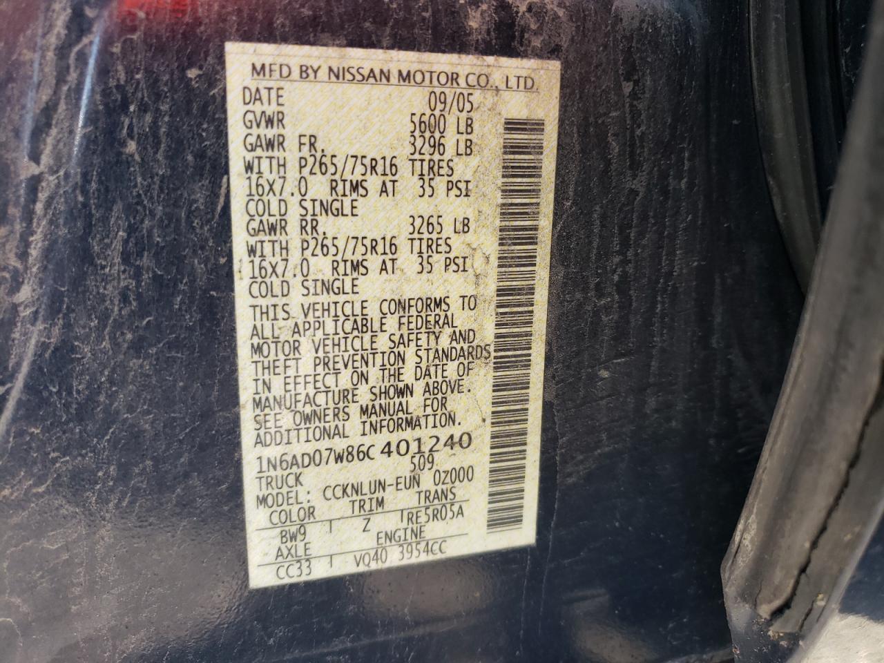 2006 Nissan Frontier Crew Cab Le VIN: 1N6AD07W86C401240 Lot: 87023625