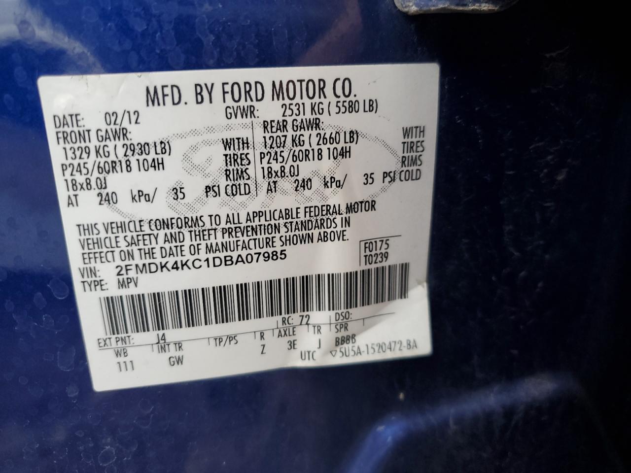 2013 Ford Edge Limited VIN: 2FMDK4KC1DBA07985 Lot: 86170365