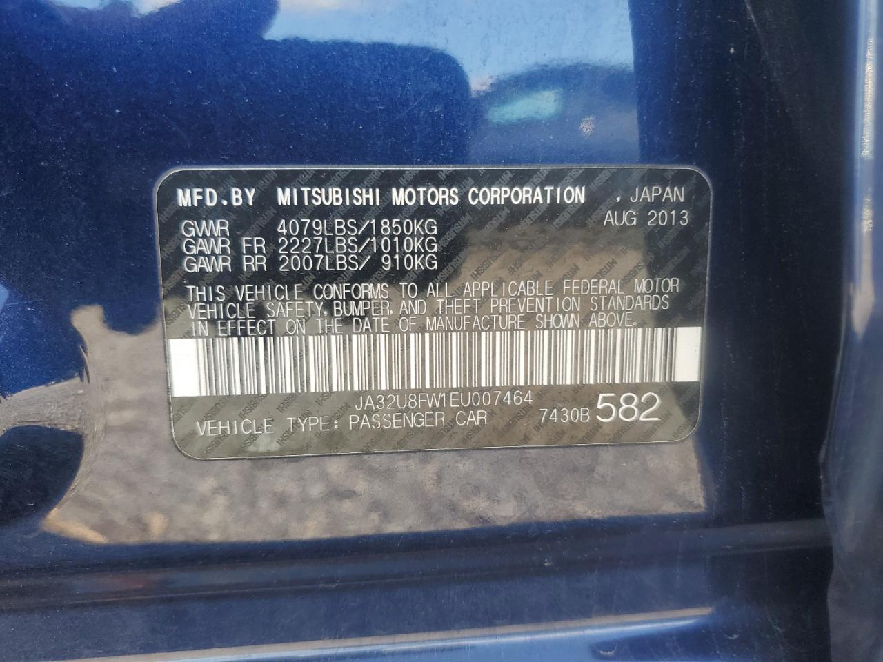 2014 Mitsubishi Lancer Gt VIN: JA32U8FW1EU007464 Lot: 89474385