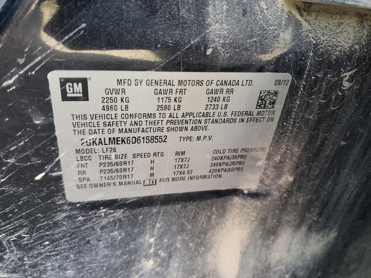 2013 GMC Terrain Sle VIN: 2GKALMEK6D6158552 Lot: 84783645