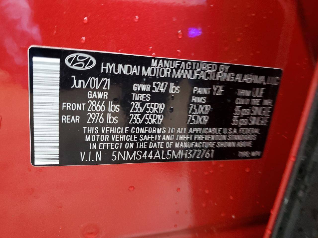 2021 Hyundai Santa Fe Limited VIN: 5NMS44AL5MH372761 Lot: 89447405