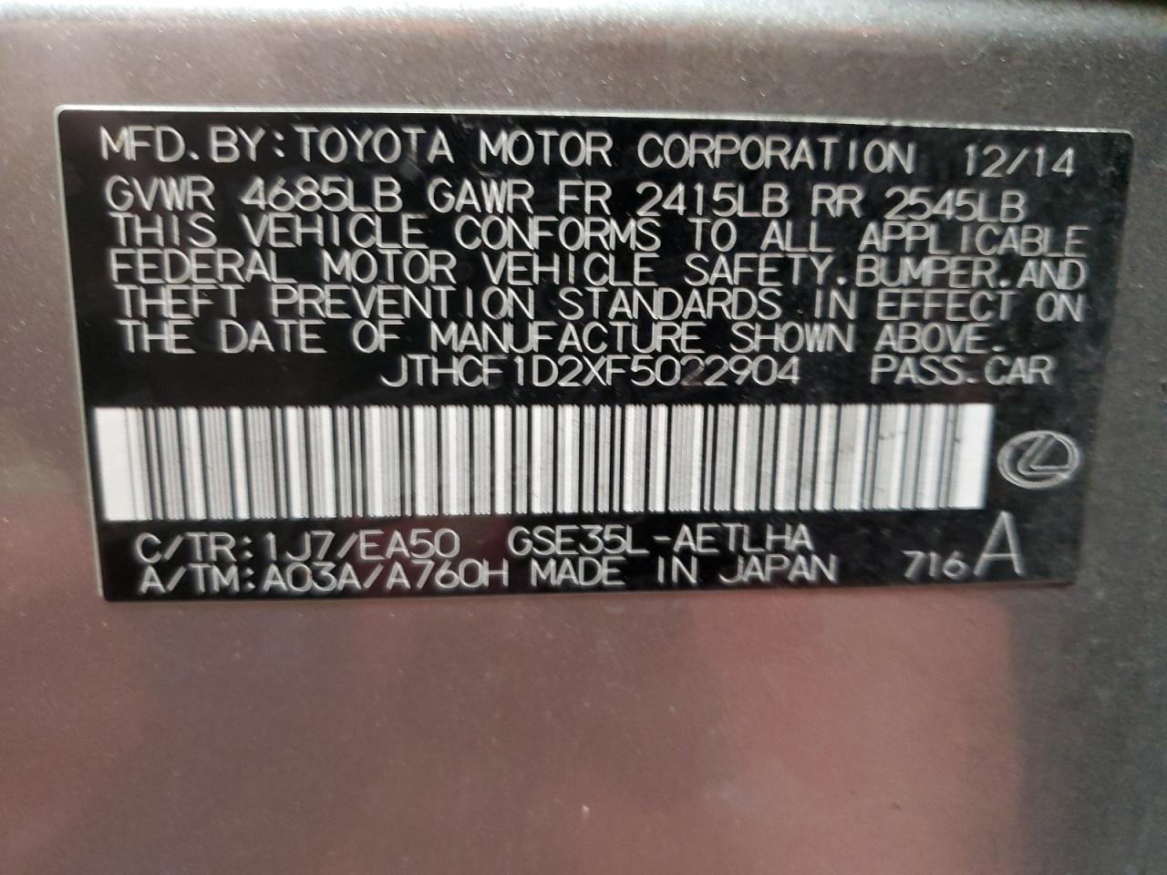 2015 Lexus Is 250 VIN: JTHCF1D2XF5022904 Lot: 90492015