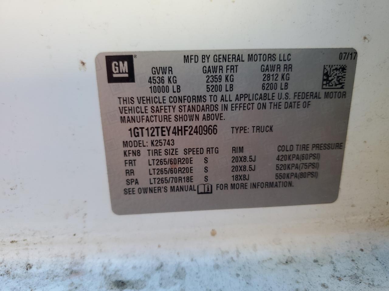 2017 GMC Sierra K2500 Slt VIN: 1GT12TEY4HF240966 Lot: 87263315