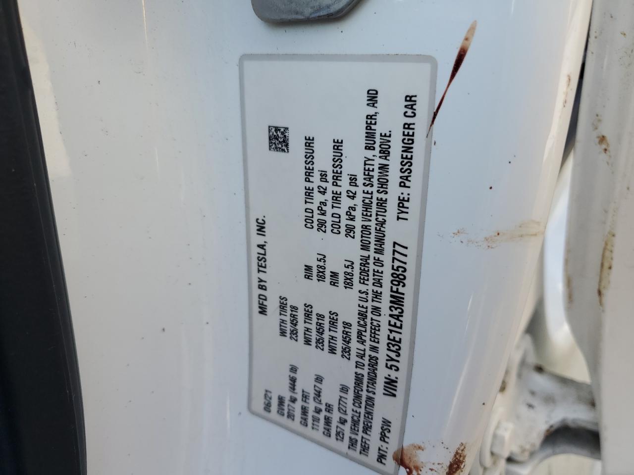 2021 Tesla Model 3 VIN: 5YJ3E1EA3MF985777 Lot: 85882755