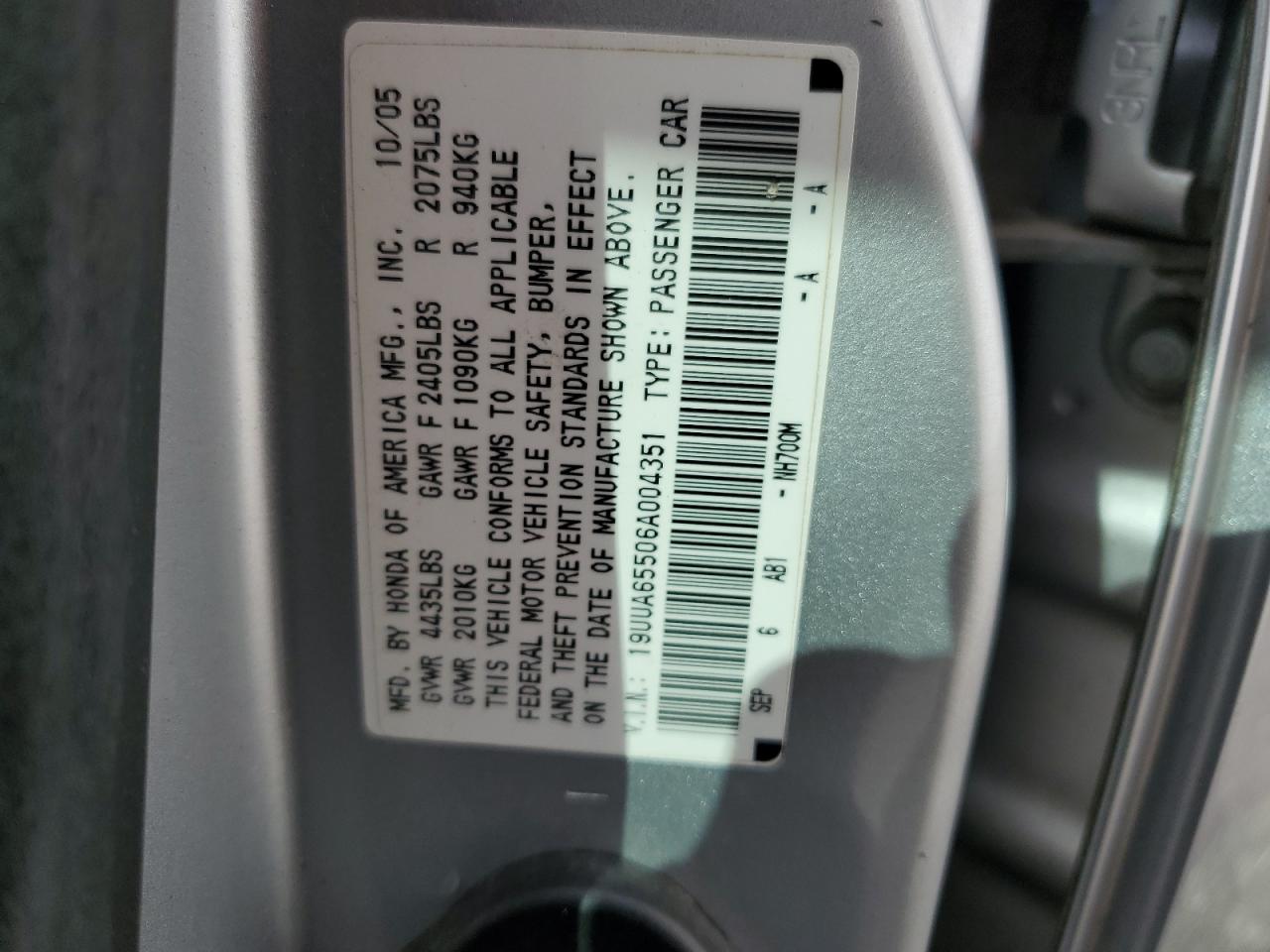 2006 Acura 3.2Tl VIN: 19UUA65506A004351 Lot: 90674285