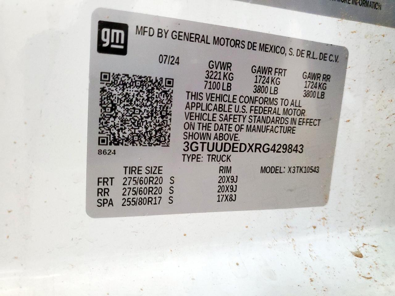 2024 GMC Sierra K1500 Slt VIN: 3GTUUDEDXRG429843 Lot: 85687125