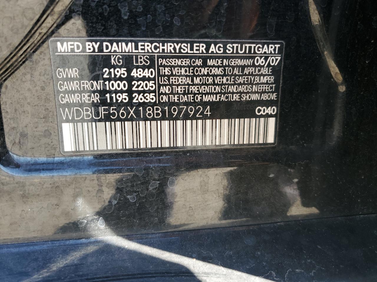 2008 Mercedes-Benz E 350 VIN: WDBUF56X18B197924 Lot: 82346895