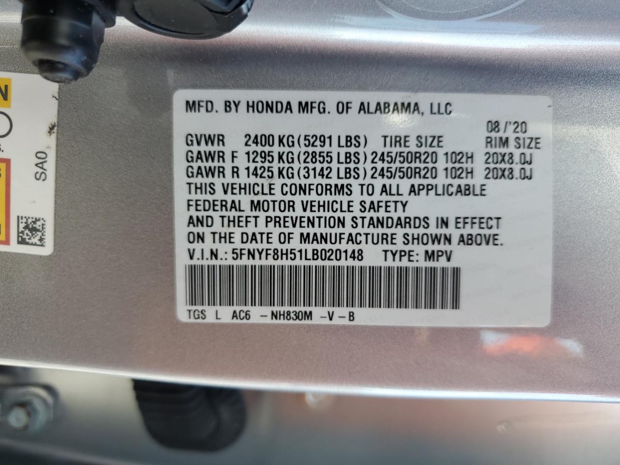 2020 Honda Passport Exl VIN: 5FNYF8H51LB020148 Lot: 90519935