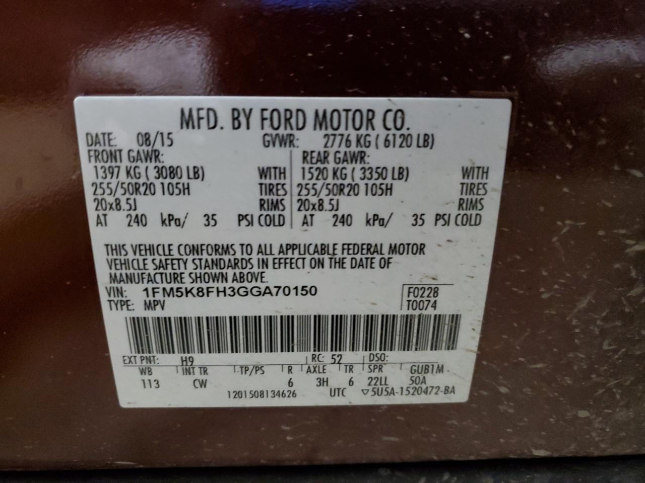 2016 Ford Explorer Limited VIN: 1FM5K8FH3GGA70150 Lot: 85374445