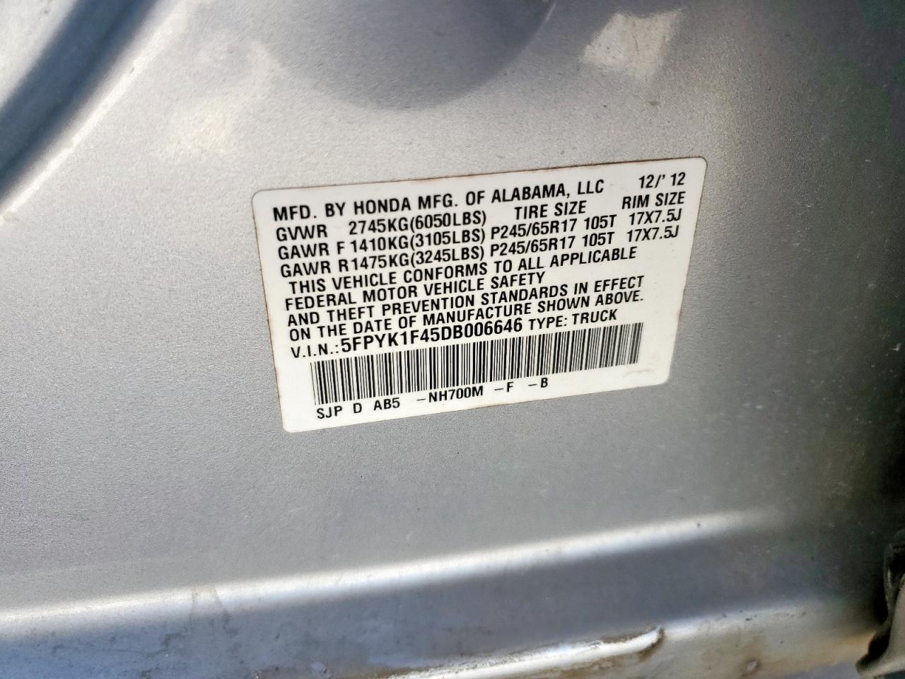 2013 Honda Ridgeline Rts VIN: 5FPYK1F45DB006646 Lot: 85364655