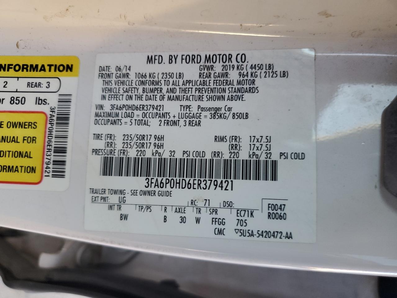 2014 Ford Fusion Se VIN: 3FA6P0HD6ER379421 Lot: 85349175