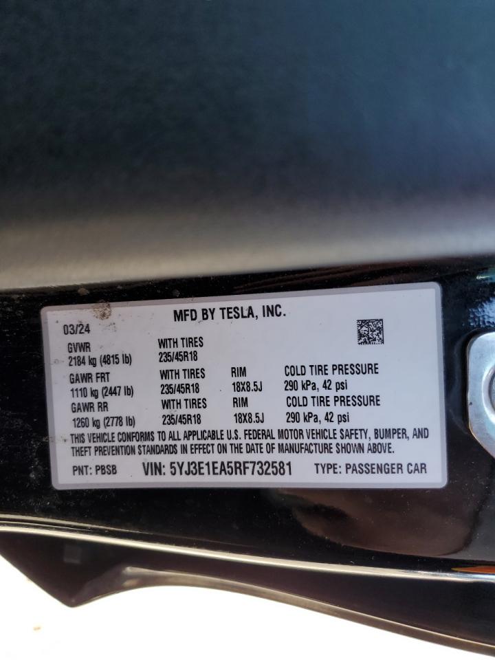 2024 Tesla Model 3 VIN: 5YJ3E1EA5RF732581 Lot: 87001085