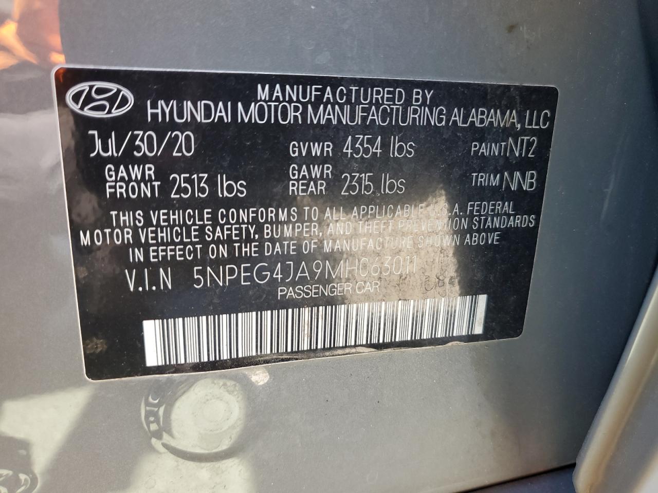 2021 Hyundai Sonata Se VIN: 5NPEG4JA9MH063011 Lot: 85868495