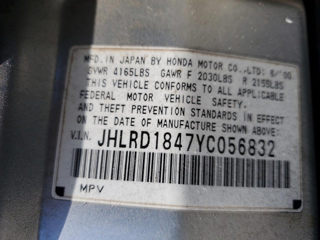 2000 Honda Cr-V Lx VIN: JHLRD1847YC056832 Lot: 84409085