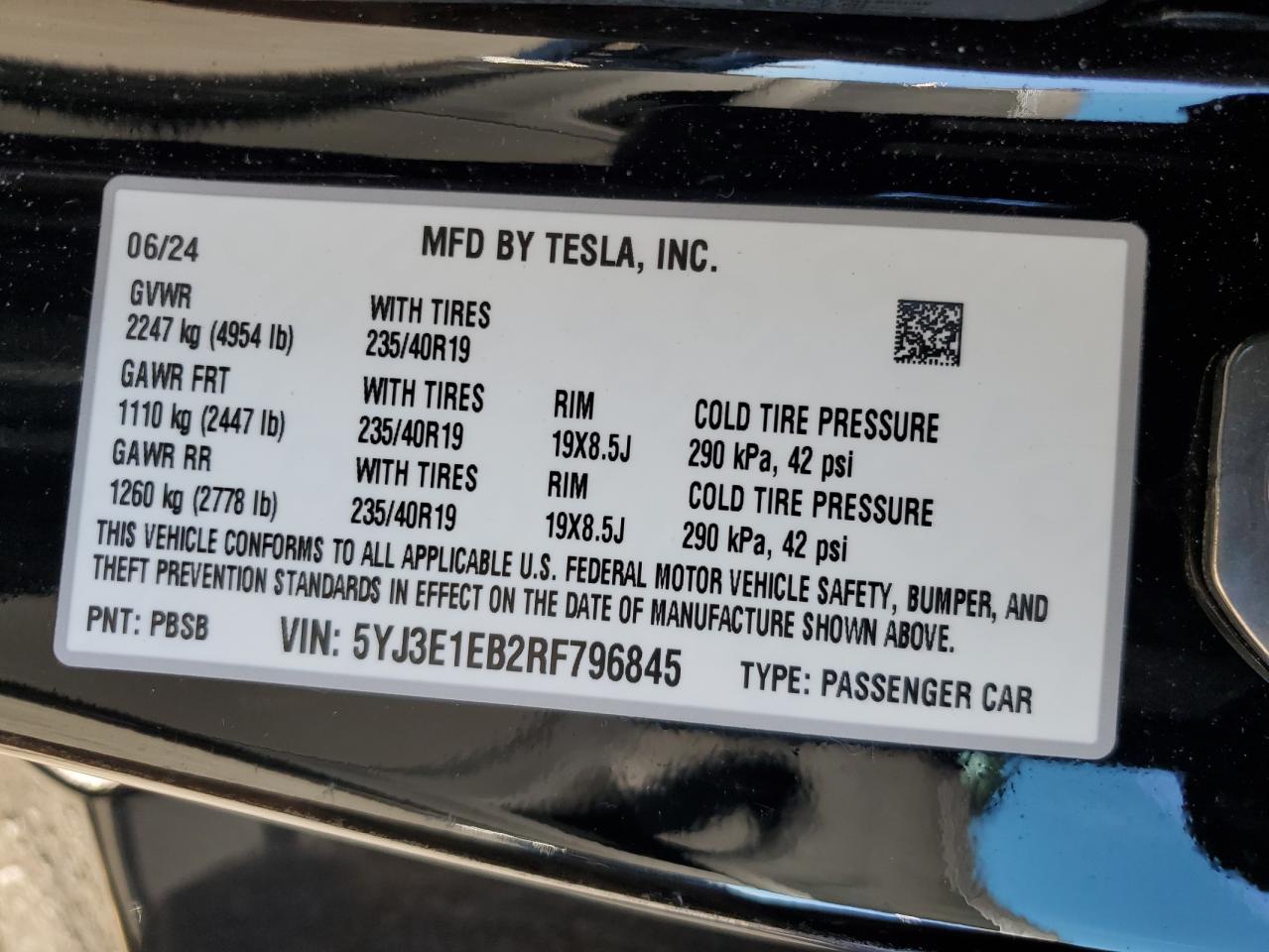 2024 Tesla Model 3 VIN: 5YJ3E1EB2RF796845 Lot: 82119835