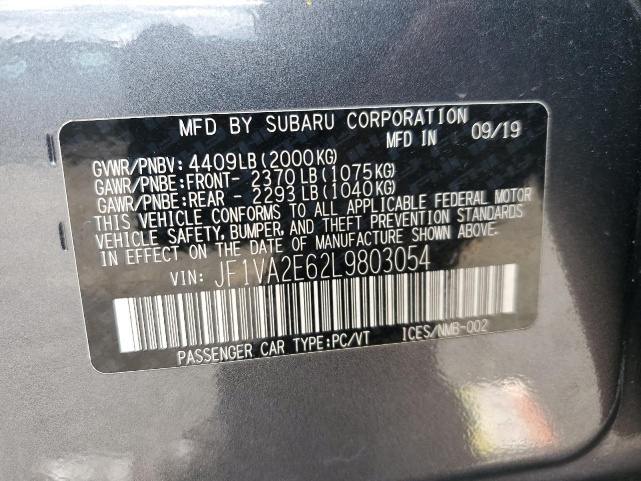 2020 Subaru Wrx Sti VIN: JF1VA2E62L9803054 Lot: 90047465