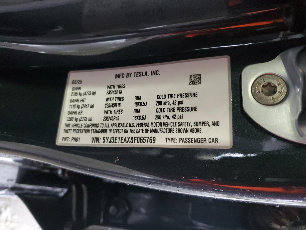 2025 Tesla Model 3 VIN: 5YJ3E1EAXSF065769 Lot: 90476405