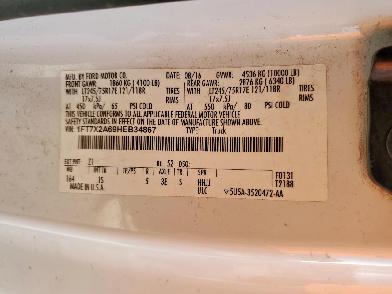 2017 Ford F250 Super Duty VIN: 1FT7X2A69HEB34867 Lot: 85755185