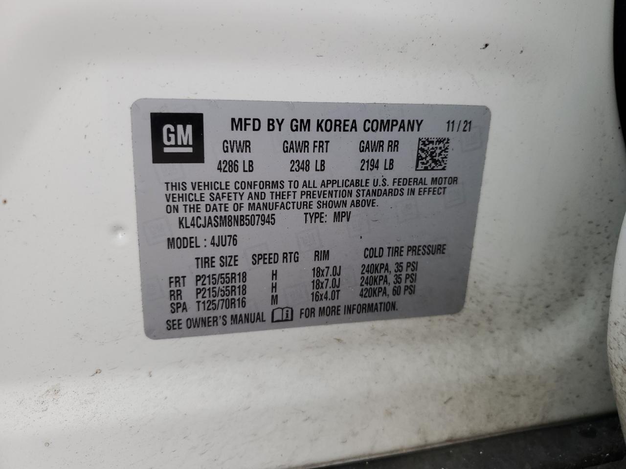 2022 Buick Encore Preferred VIN: KL4CJASM8NB507945 Lot: 90285645