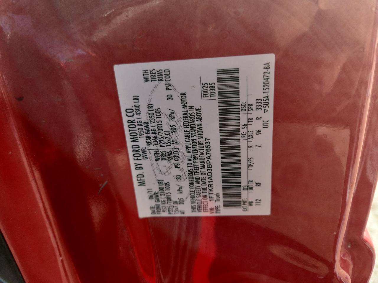 2011 Ford Ranger VIN: 1FTKR1AD3BPA76537 Lot: 89561955