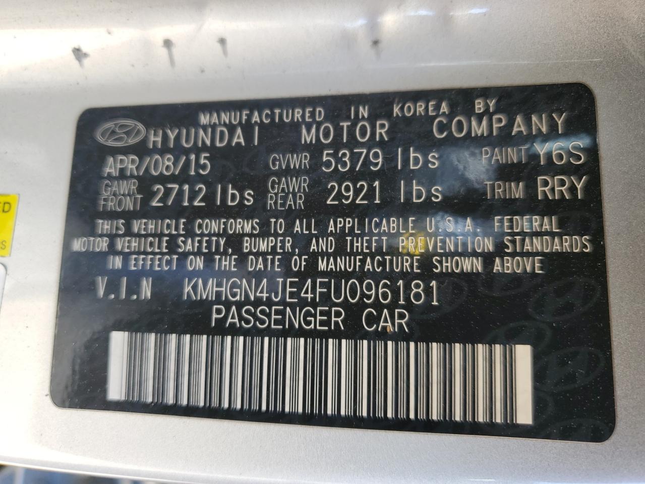 2015 Hyundai Genesis 3.8L VIN: KMHGN4JE4FU096181 Lot: 82754075