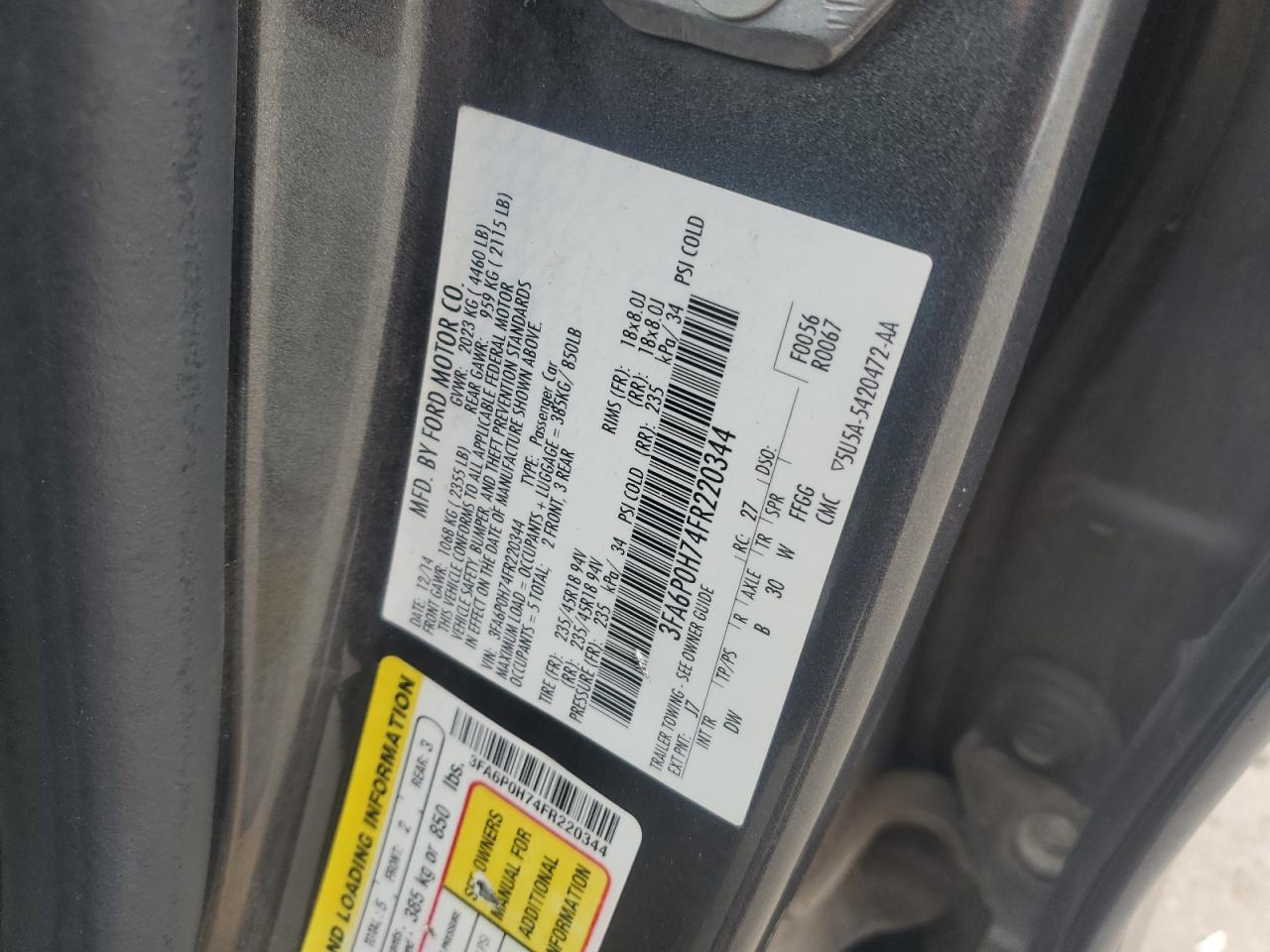 2015 Ford Fusion Se VIN: 3FA6P0H74FR220344 Lot: 85132245