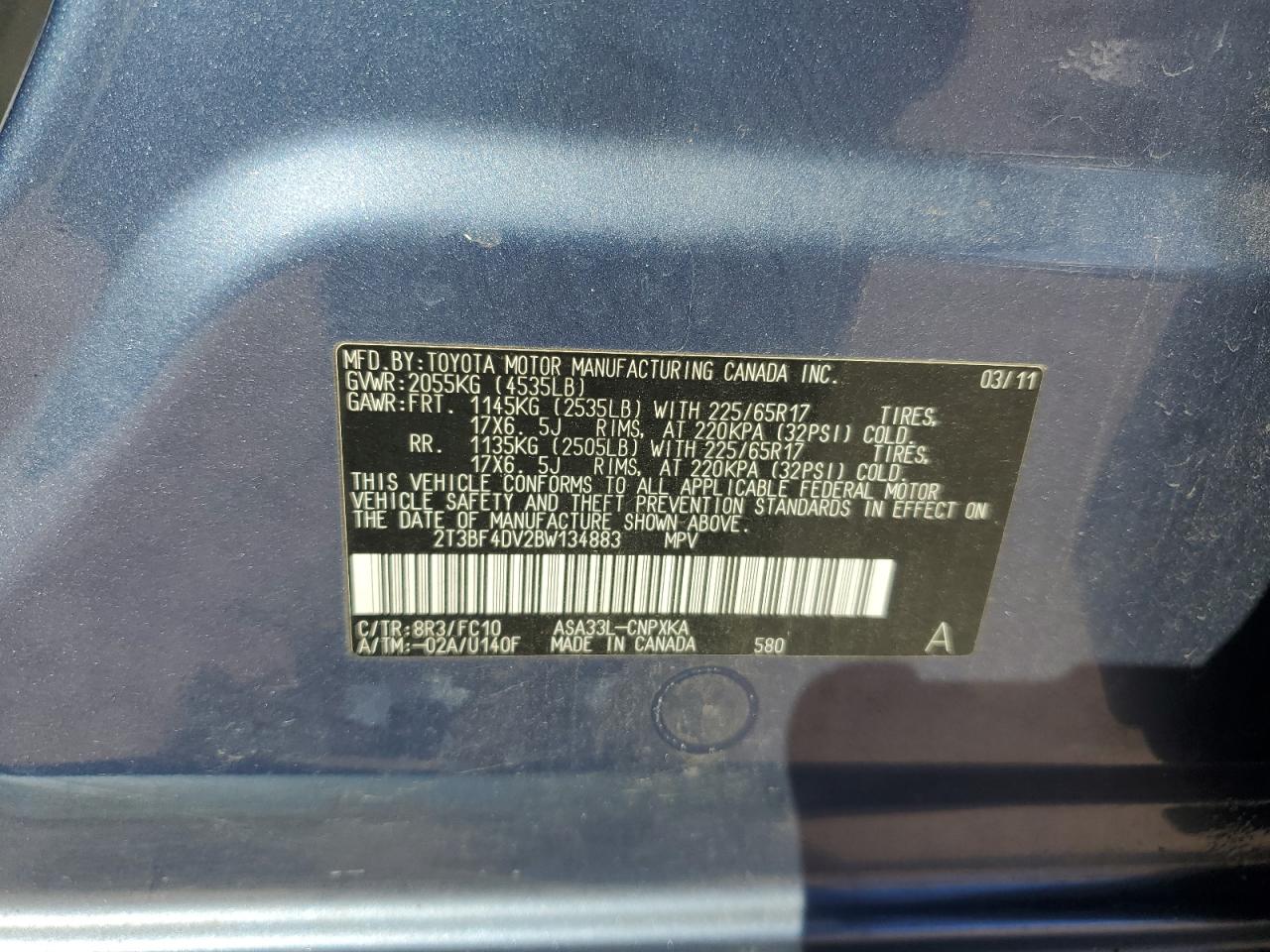 2011 Toyota Rav4 VIN: 2T3BF4DV2BW134883 Lot: 86069675