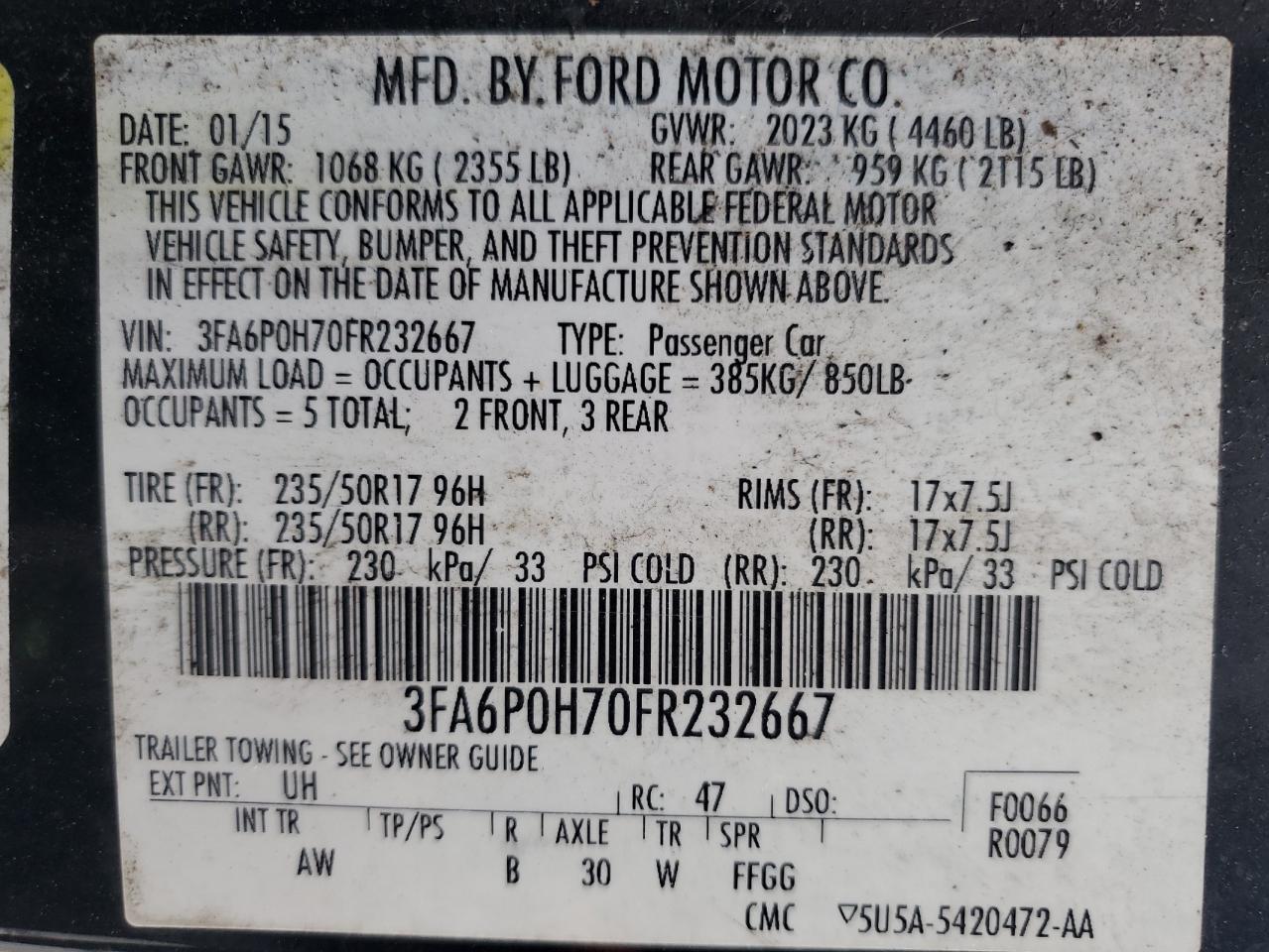 2015 Ford Fusion Se VIN: 3FA6P0H70FR232667 Lot: 84974955