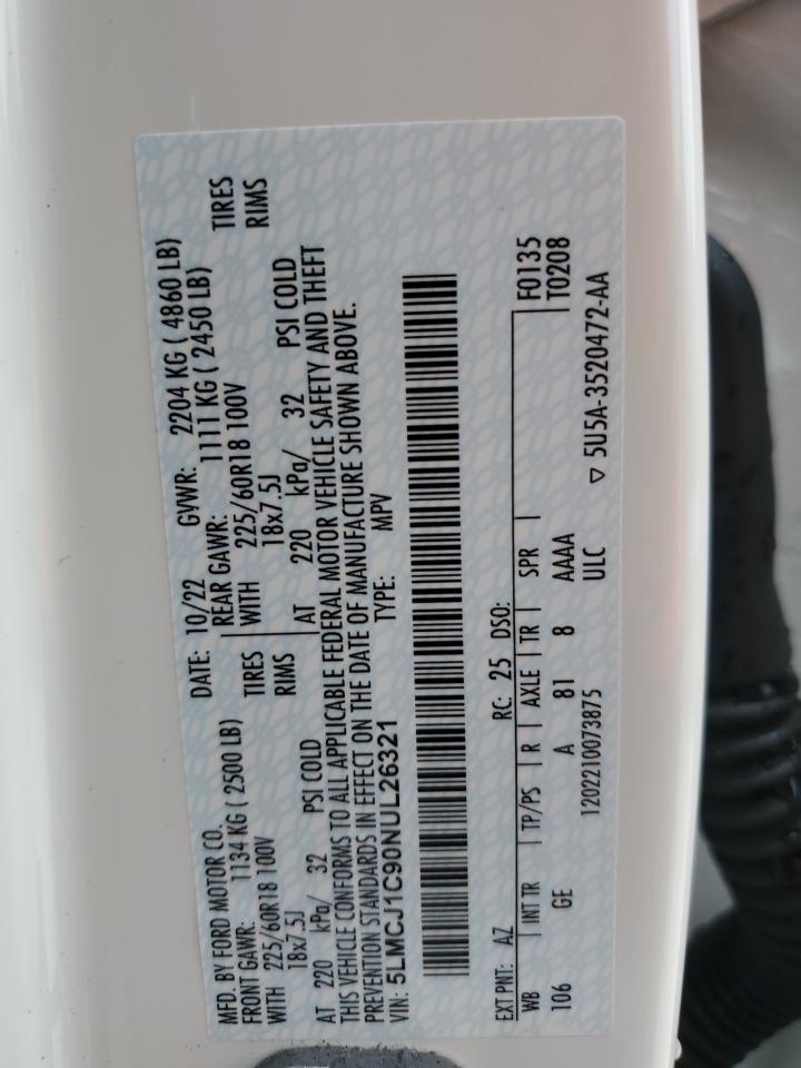 2022 Lincoln Corsair VIN: 5LMCJ1C90NUL26321 Lot: 90114035