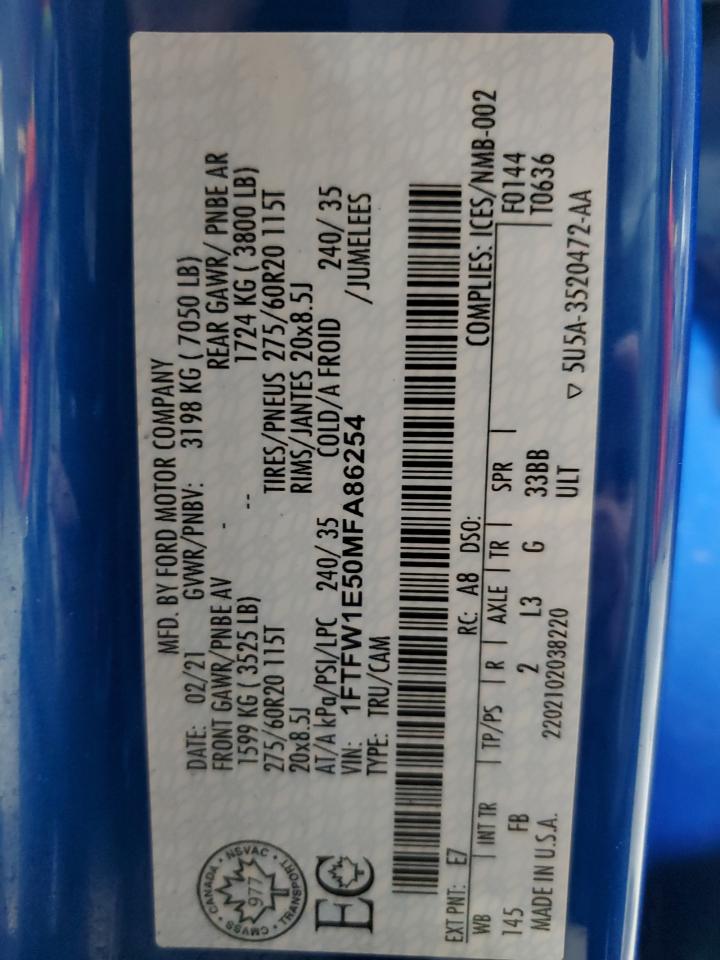 2021 Ford F150 Supercrew VIN: 1FTFW1E50MFA86254 Lot: 85768445