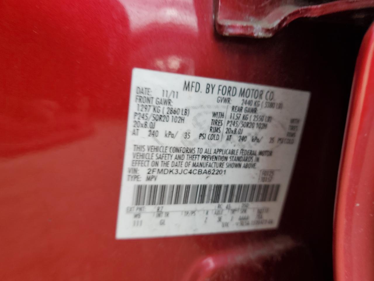 2012 Ford Edge Sel VIN: 2FMDK3JC4CBA62201 Lot: 90314145