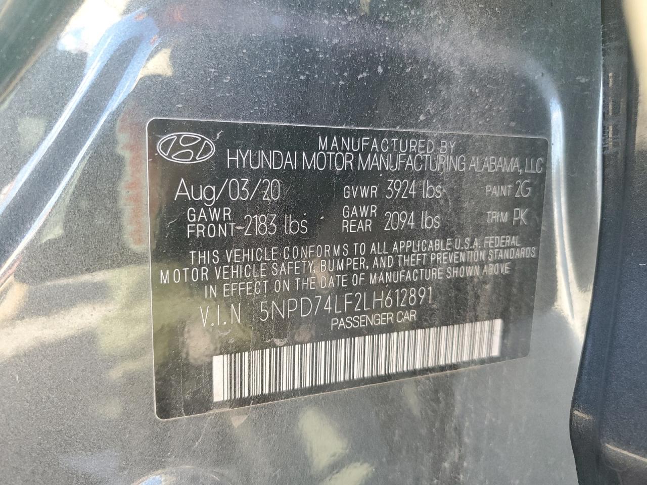 2020 Hyundai Elantra Se VIN: 5NPD74LF2LH612891 Lot: 85823655