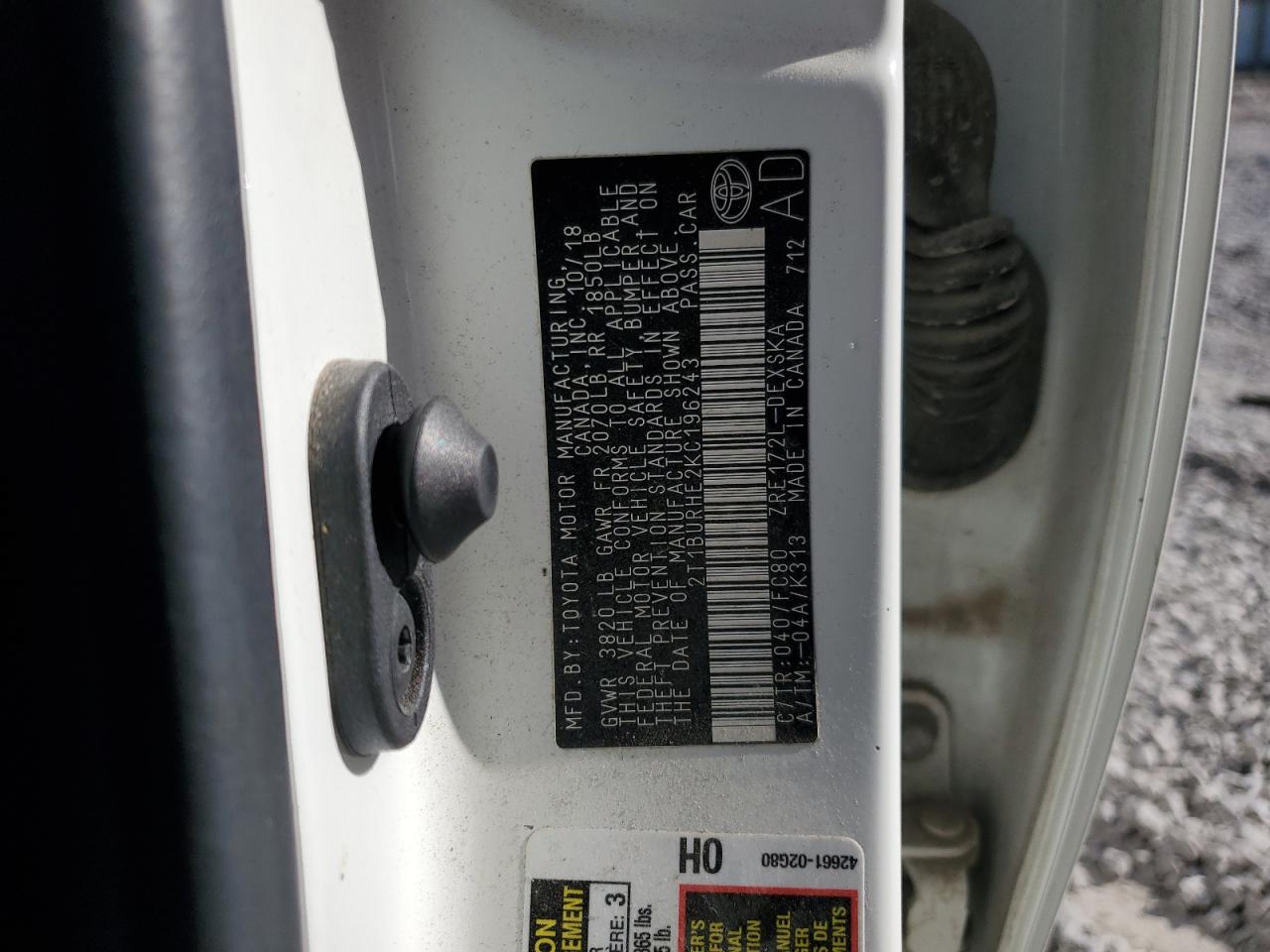 2019 Toyota Corolla L VIN: 2T1BURHE2KC196243 Lot: 85357185