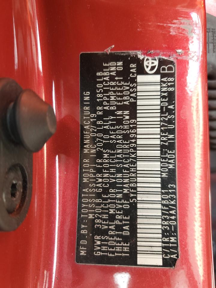 2019 Toyota Corolla L VIN: 5YFBURHE7KP949619 Lot: 84784375