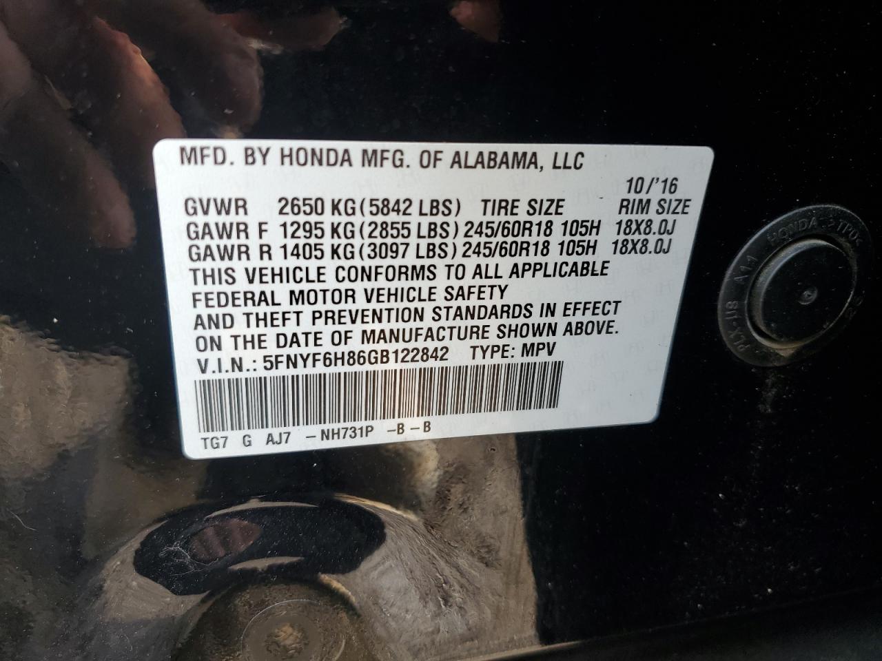 2016 Honda Pilot Exl VIN: 5FNYF6H86GB122842 Lot: 90409555