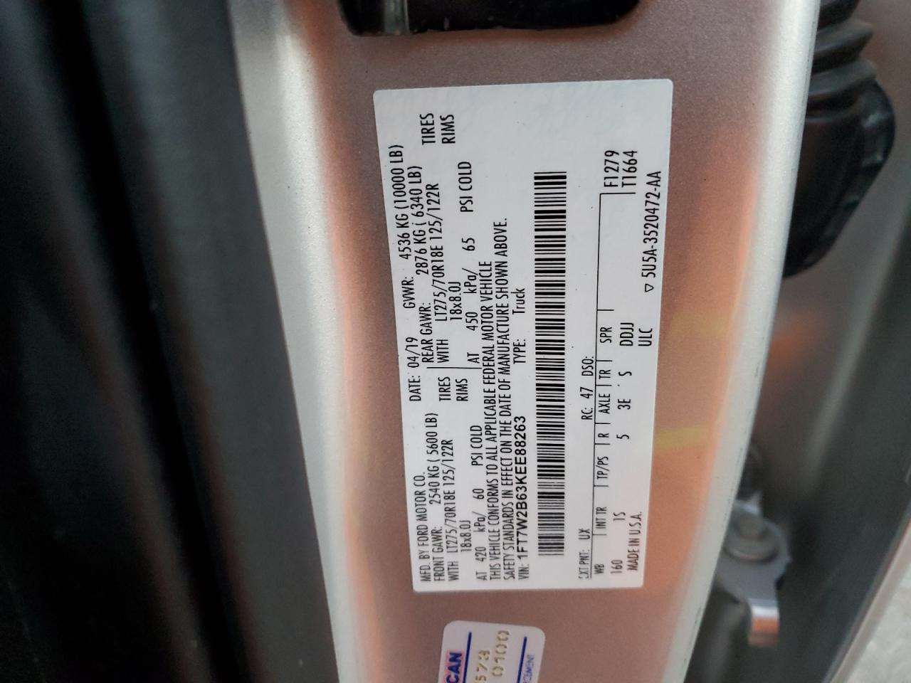 2019 Ford F250 Super Duty VIN: 1FT7W2B63KEE88263 Lot: 81849895