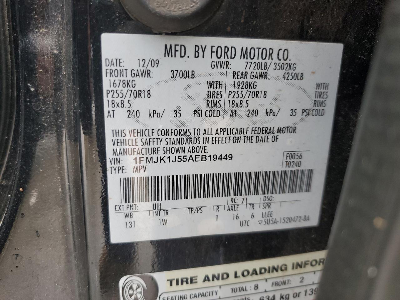 2010 Ford Expedition El Eddie Bauer VIN: 1FMJK1J55AEB19449 Lot: 85692625