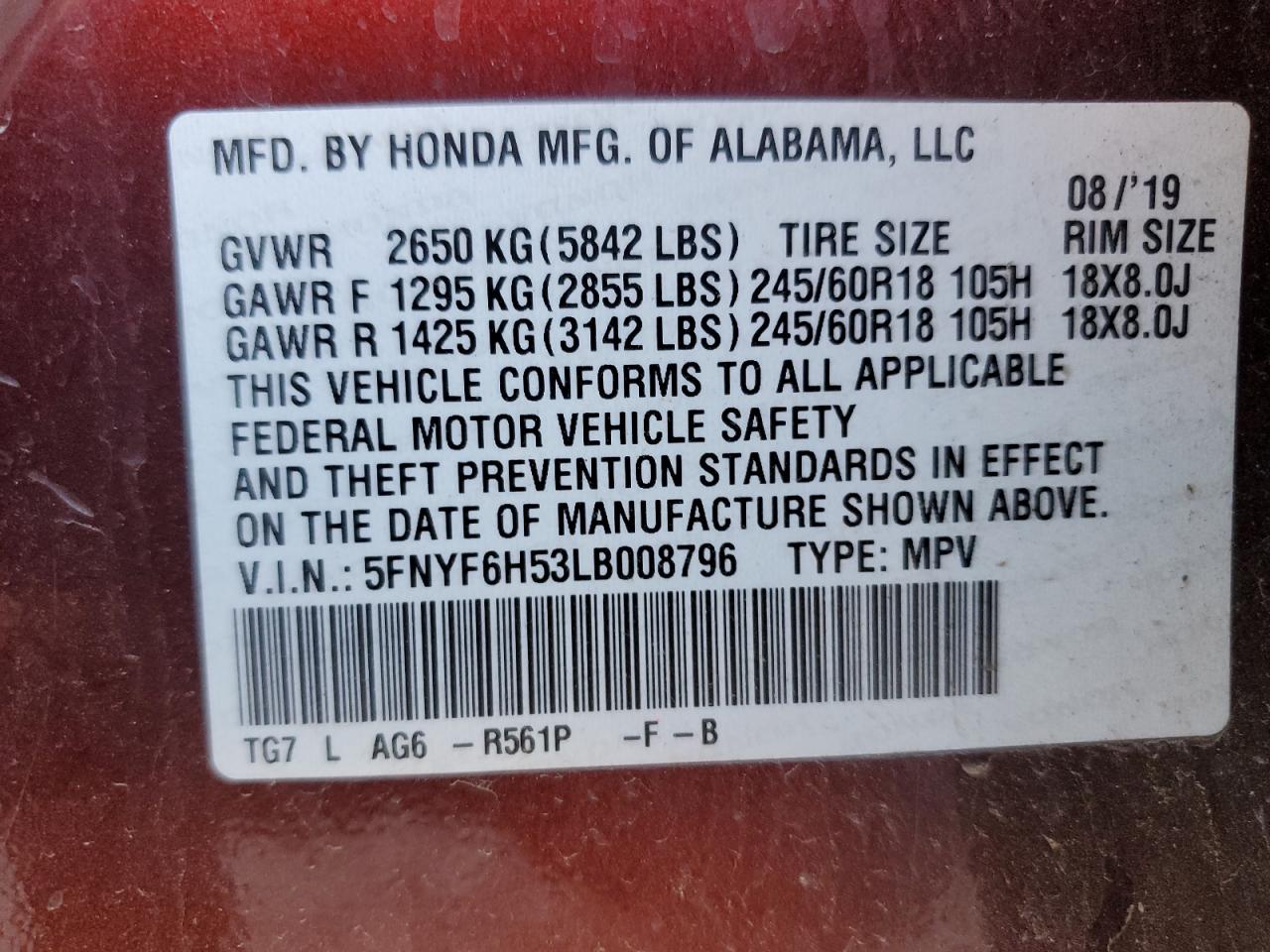 2020 Honda Pilot Exl VIN: 5FNYF6H53LB008796 Lot: 82771365