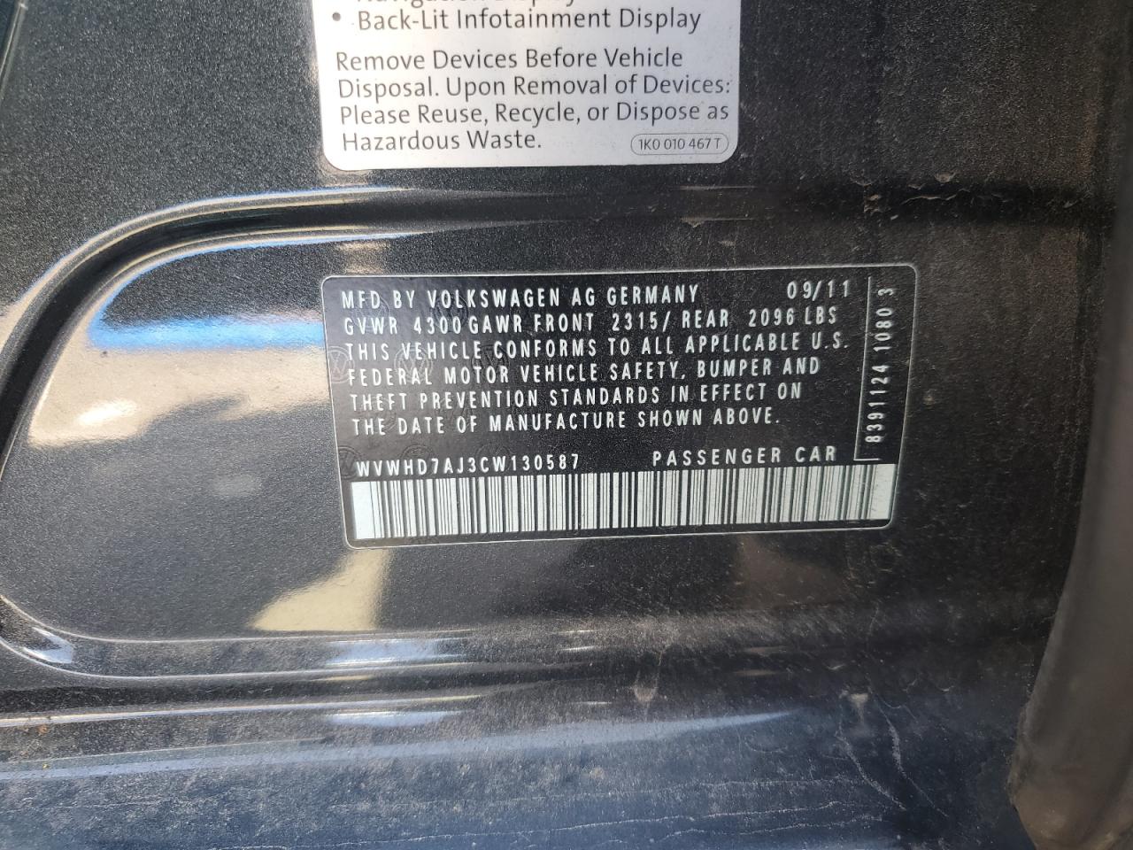 2012 Volkswagen Gti VIN: WVWHD7AJ3CW130587 Lot: 84066945