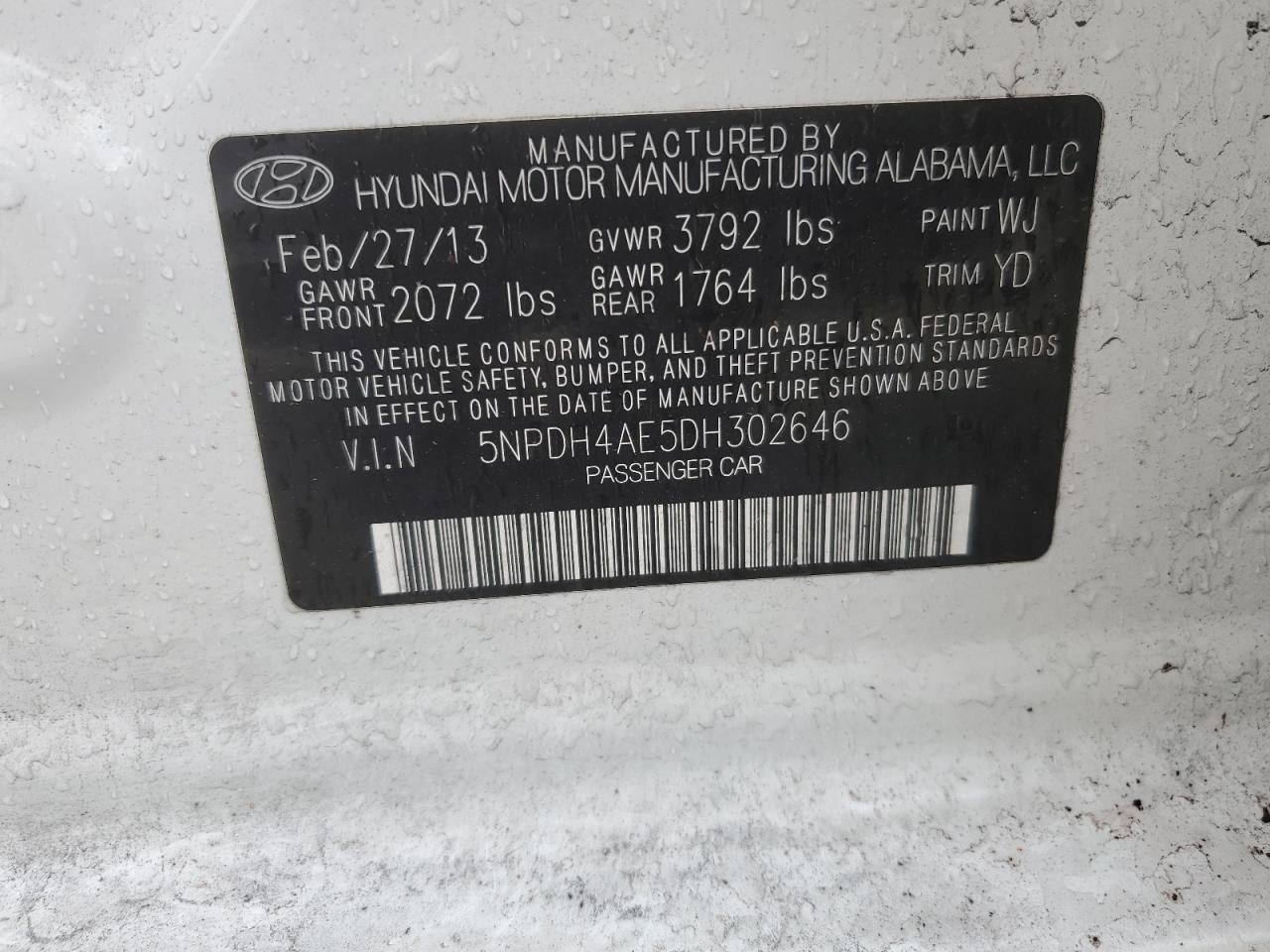 2013 Hyundai Elantra Gls VIN: 5NPDH4AE5DH302646 Lot: 85154705