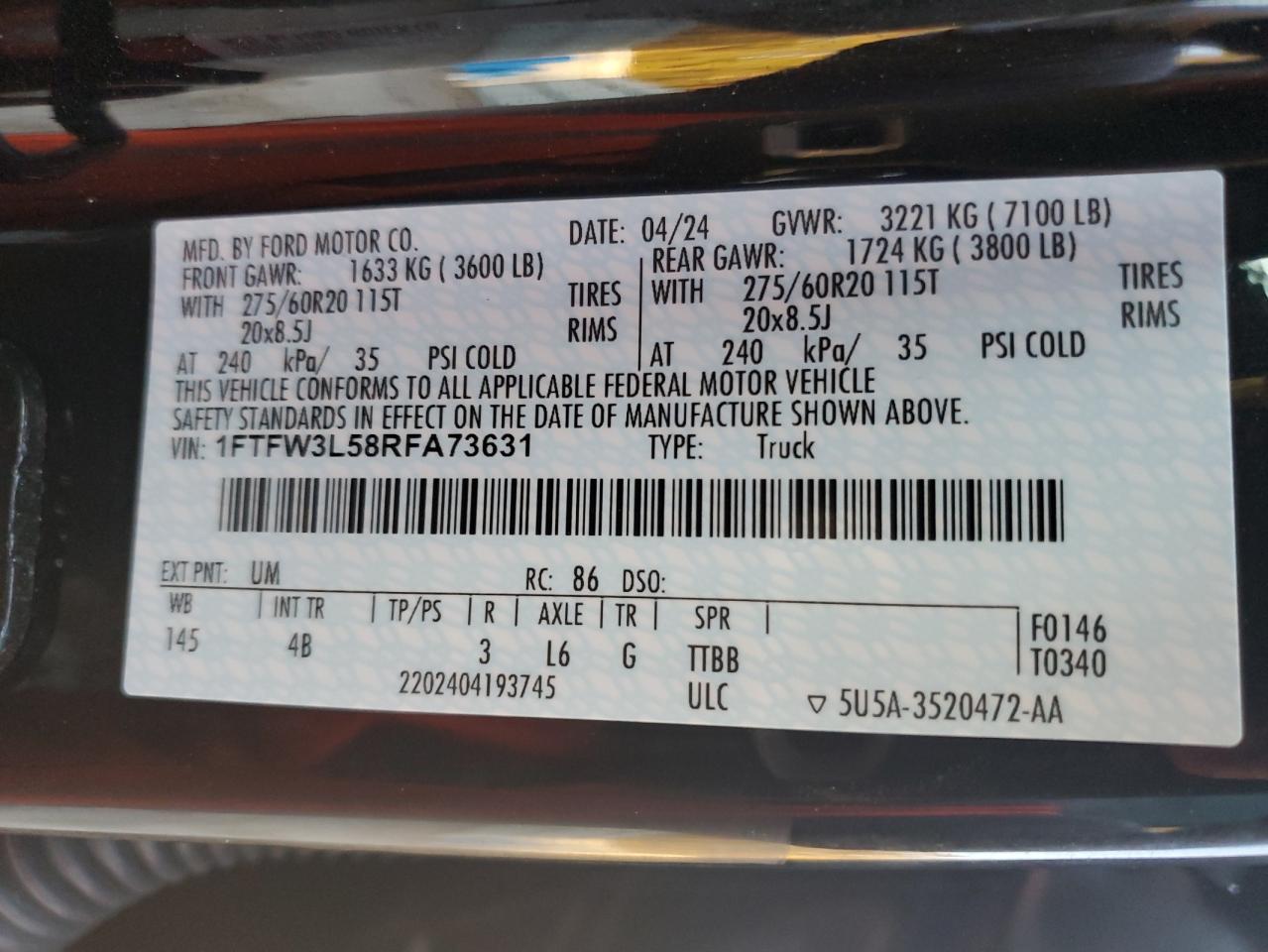 2024 Ford F150 Xlt VIN: 1FTFW3L58RFA73631 Lot: 82701505