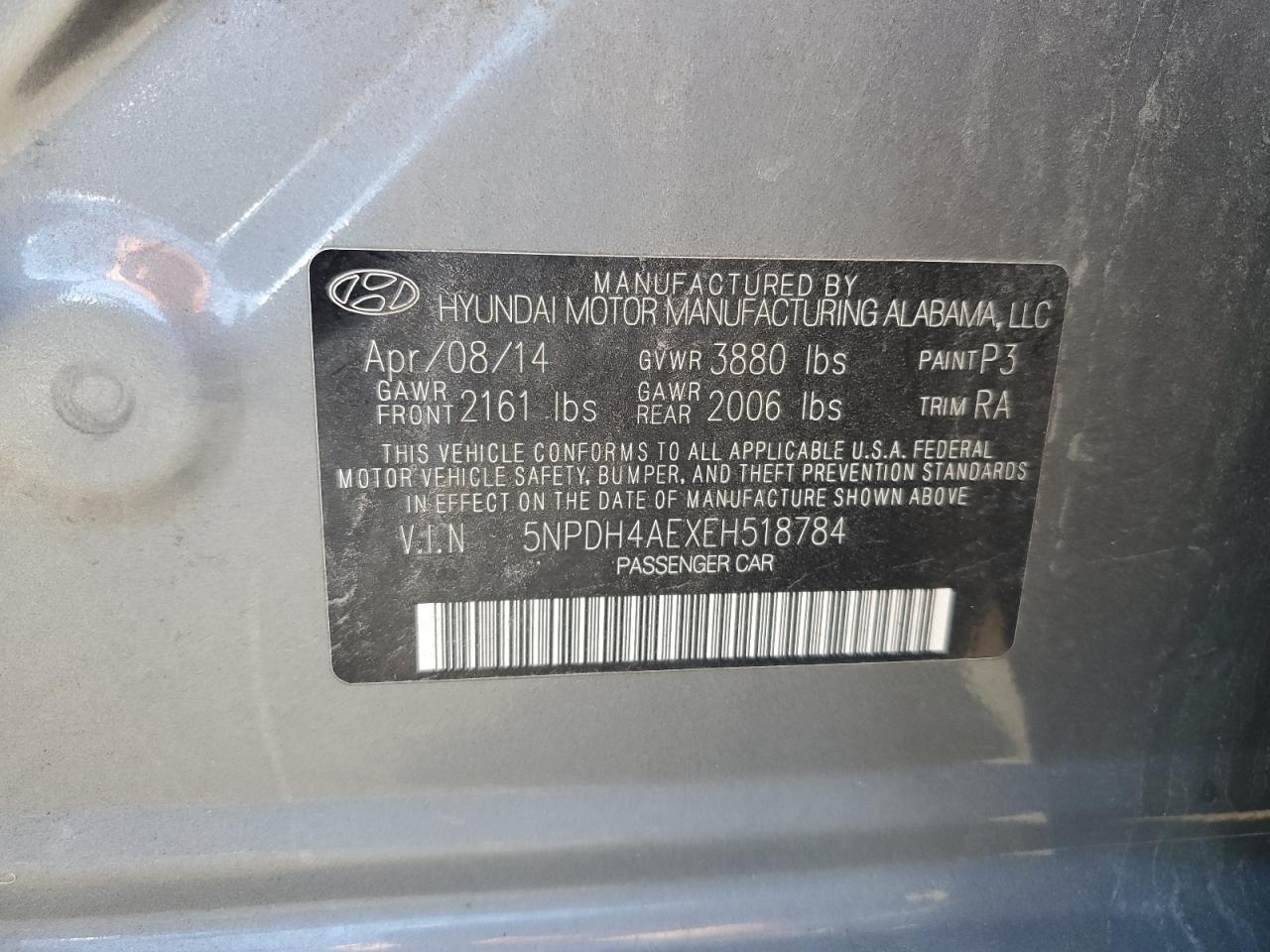 2014 Hyundai Elantra Se VIN: 5NPDH4AEXEH518784 Lot: 86139415