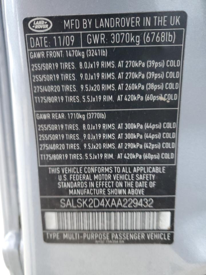 2010 Land Rover Range Rover Sport Lux VIN: SALSK2D4XAA229432 Lot: 87083705