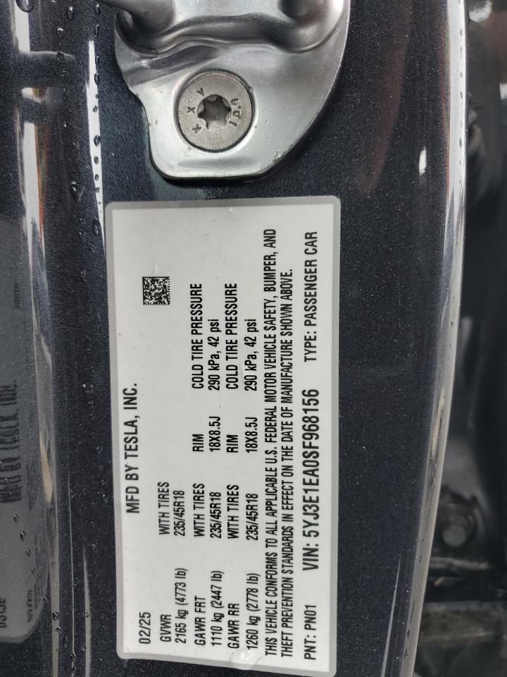 2025 Tesla Model 3 VIN: 5YJ3E1EA0SF968156 Lot: 90539025