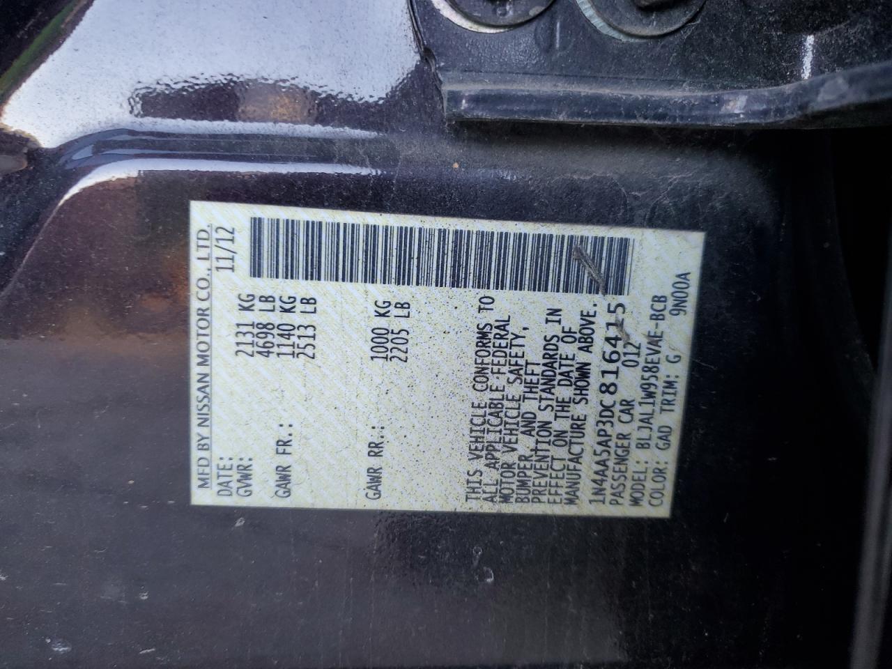 2013 Nissan Maxima S VIN: 1N4AA5AP3DC816415 Lot: 91005365