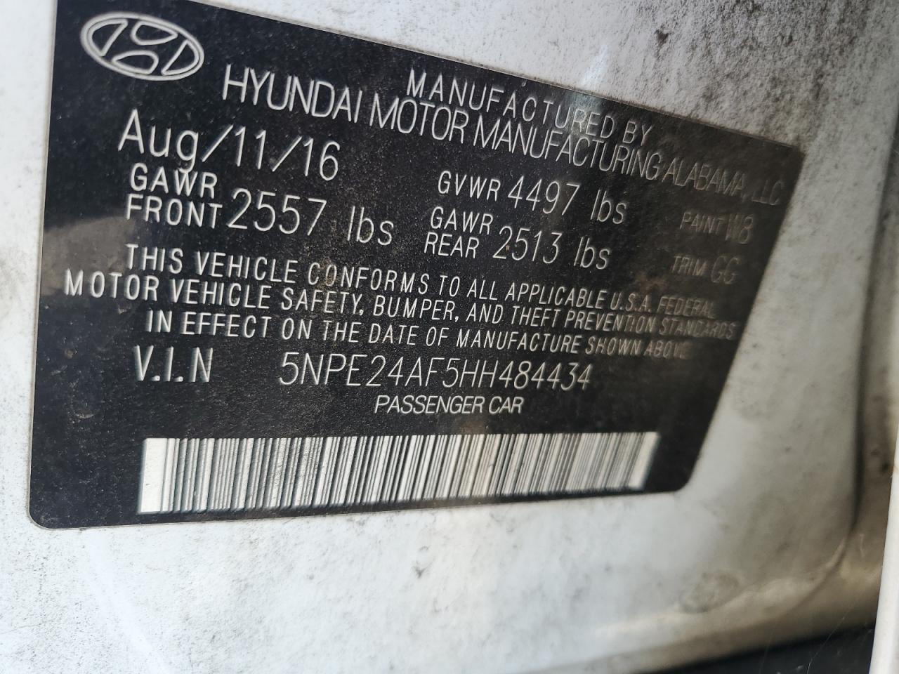 2017 Hyundai Sonata Se VIN: 5NPE24AF5HH484434 Lot: 85566755