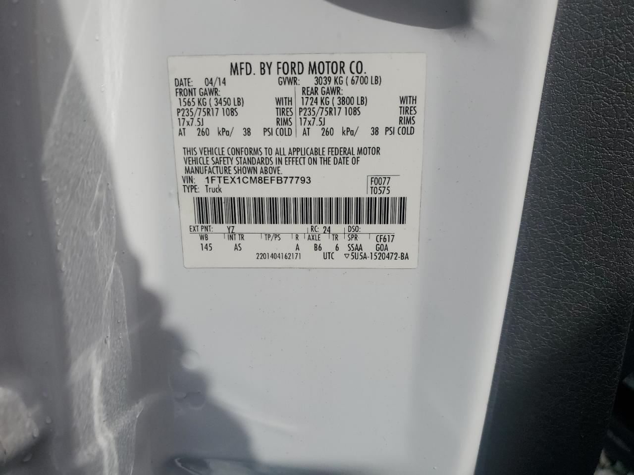 2014 Ford F150 Super Cab VIN: 1FTEX1CM8EFB77793 Lot: 85549105